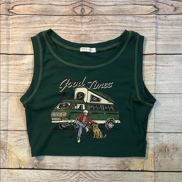 ROMWE Tops - Romwe Dark Green 'Good Times' Graphic Crop Tank
